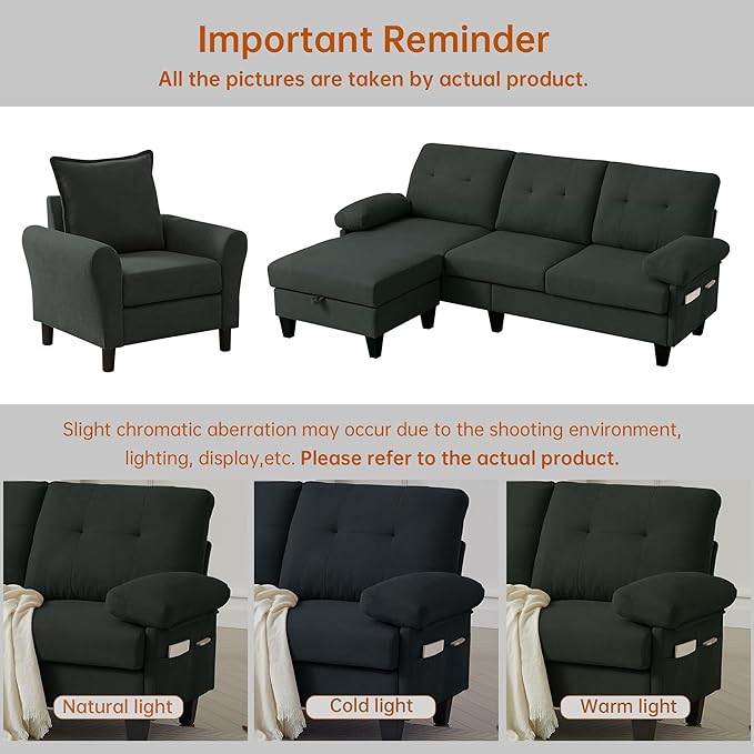 2PCS Sectional Sofa Set with Ottoman, Modern Linen 4 Seater Couch Set with Side - Image 7