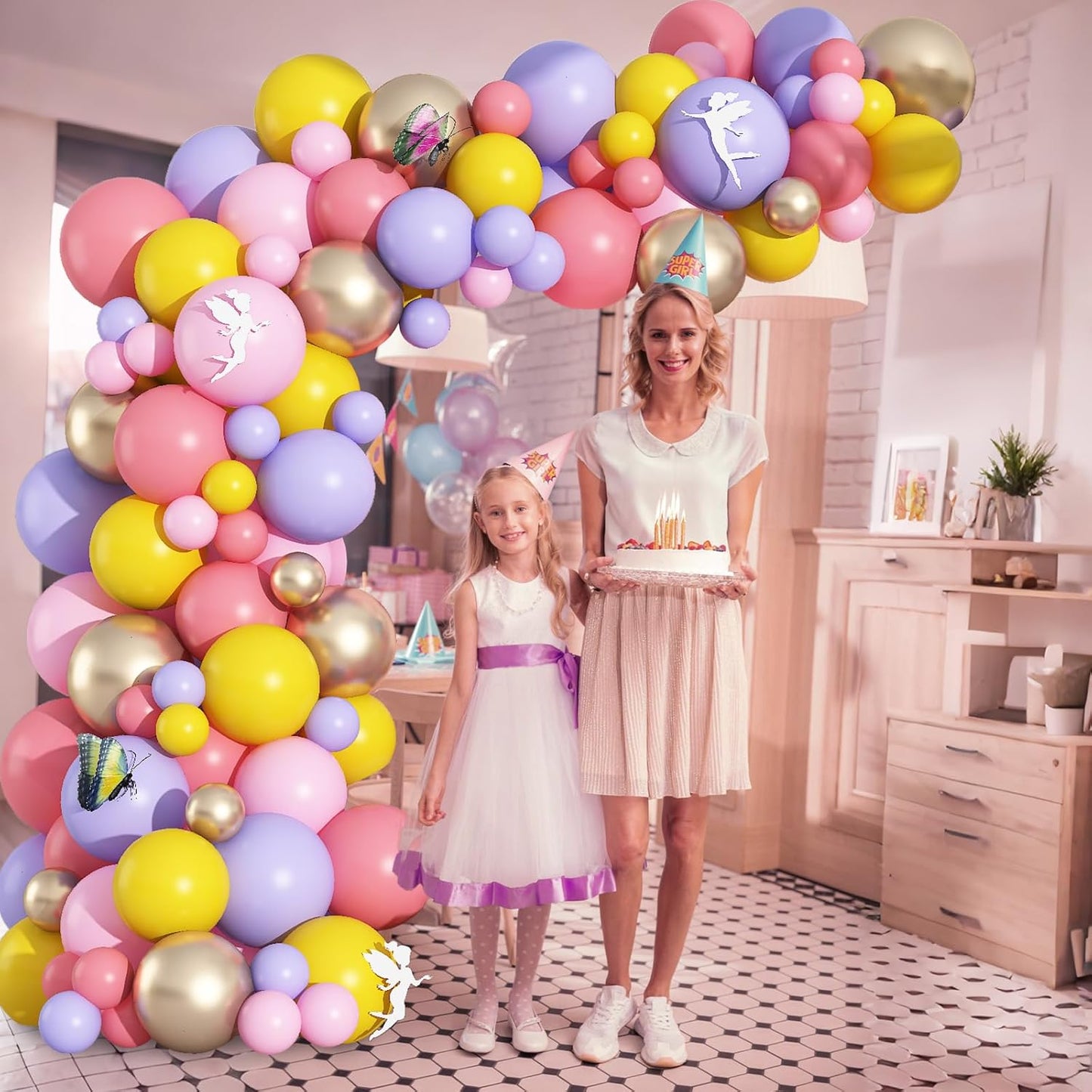 Fairy Balloon Arch Kit 107Pcs Pastel Pink Purple Balloons Garland Dusty Pink Yellow Champagne Gold Birthday Party Balloons for Girls Mushroom Butterfly Garden Wild Floral Bridal Baby Shower Decoration