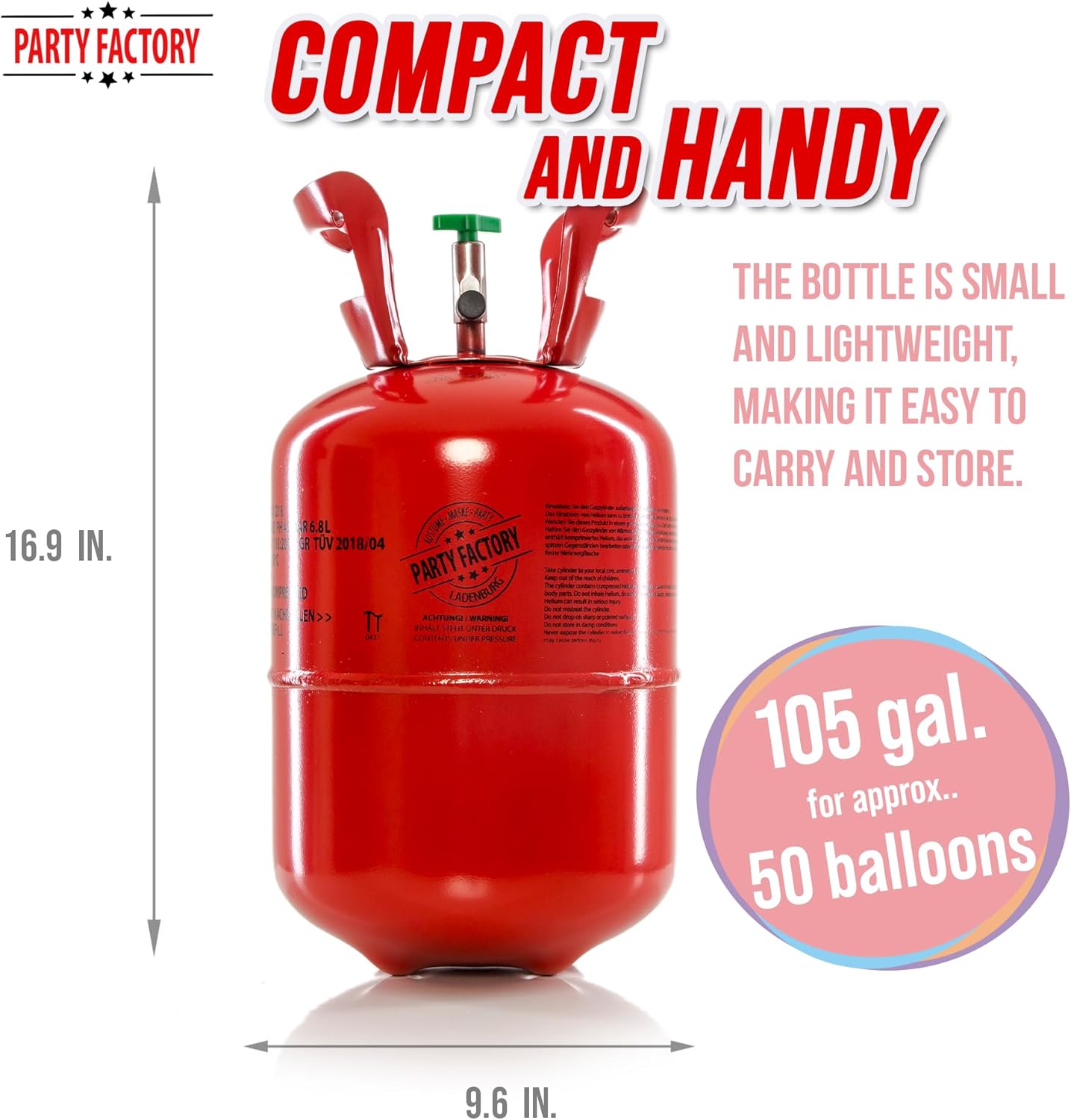 Party Factory set of 3 helium tanks for up to 50 balloons each, 3 helium cylinders with 14.1 cu. ft. gas each for party latex-, foil balloons