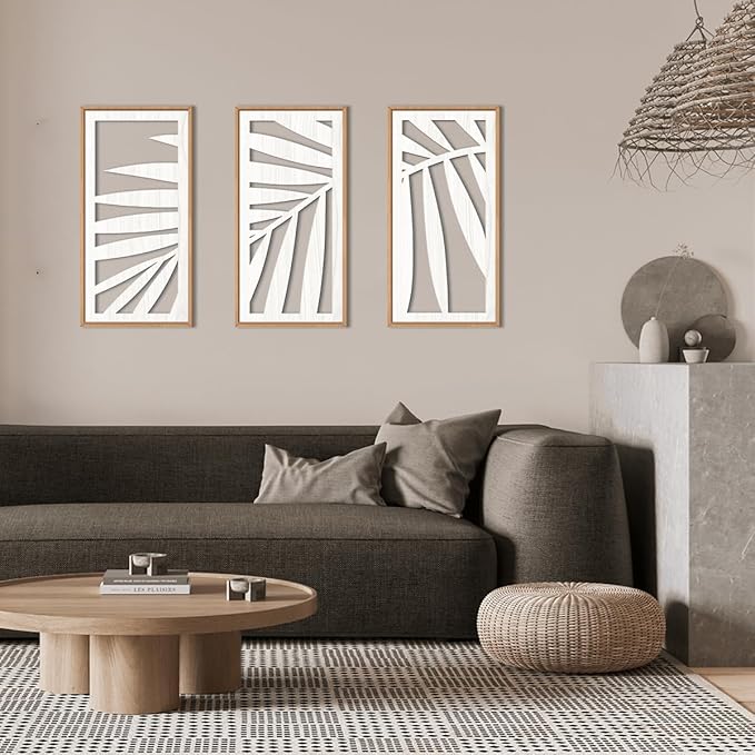 IARTTOP Tropical Palm Tree Leaf Wood Wall Art White Framed 8x16 Inch Set of 3 - Image 3