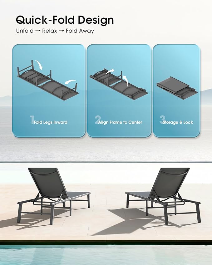 Ciokea Foldable Outdoor Lounge Chair Set of 4, No Assembly Aluminum Chaise - Image 3