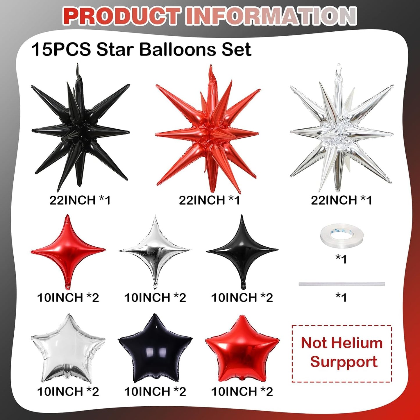 Star Balloons, 22in Red Black and Silver Star Balloons Foil 10in 4-Pointed & Pentagram Balloon for Graduation New Year Wedding Birthday Party Decorations