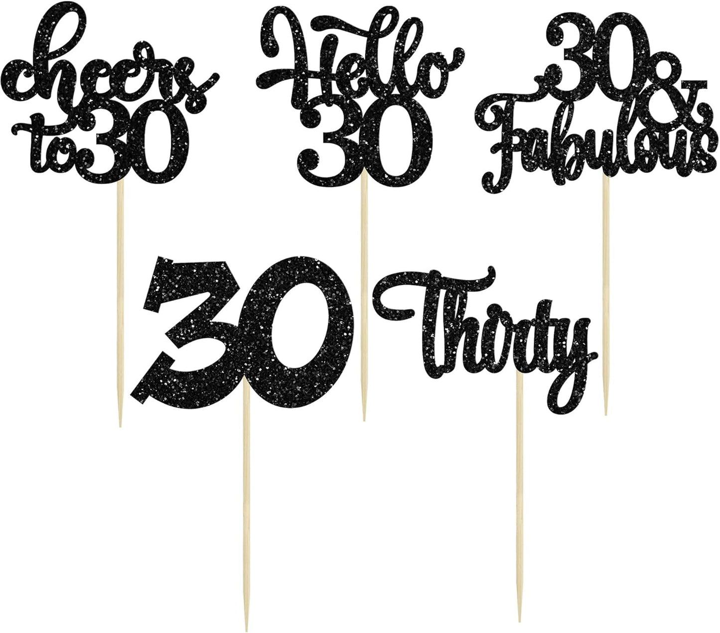 30Pcs Happy 30th Birthday Cupcake Toppers Black Glitter Thirty Cheers to 30 Birthday Cupcake Picks for Happy 30th Birthday Anniversary Party Cake Decorations Supplies