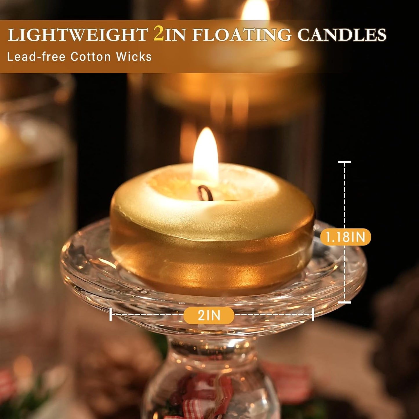 2 inch Gold Floating Candles, 48 Pack Unscented Floating Candles for Centerpieces,5-6 Hours Water Activated Candle Bulk for Cylinder Vases Wedding Pool