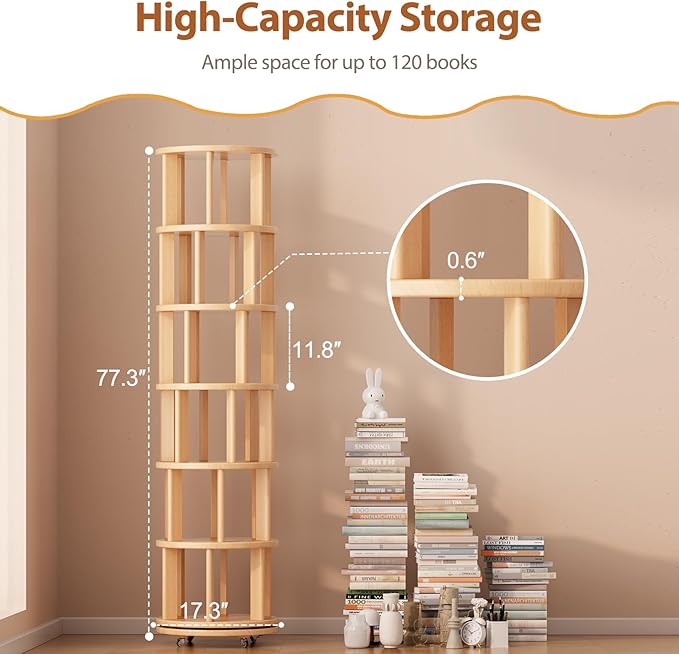 Muwuele Solid Wood Rotating Bookshelf on Wheels, 6 Tier, Round Revolving - Image 2