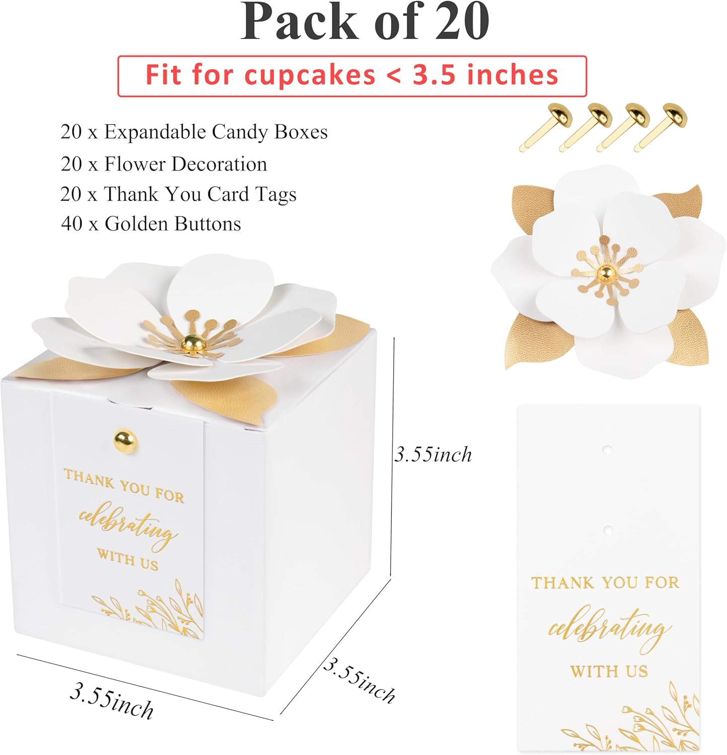 FEIYI 20 PCS White Gift Boxes, 3 In 1 Favor Boxes with Floral Decor, White Thank You Tags Cupcake Containers Gift wrapping for Wedding, Baby Shower, Birthday, Decorations Party - 3.55x3.55x3.55