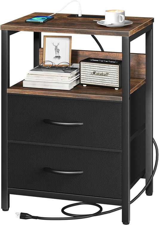 Yoobure Nightstand with Charging Station, Small Night Stand with Fabric Drawers by Yoobure