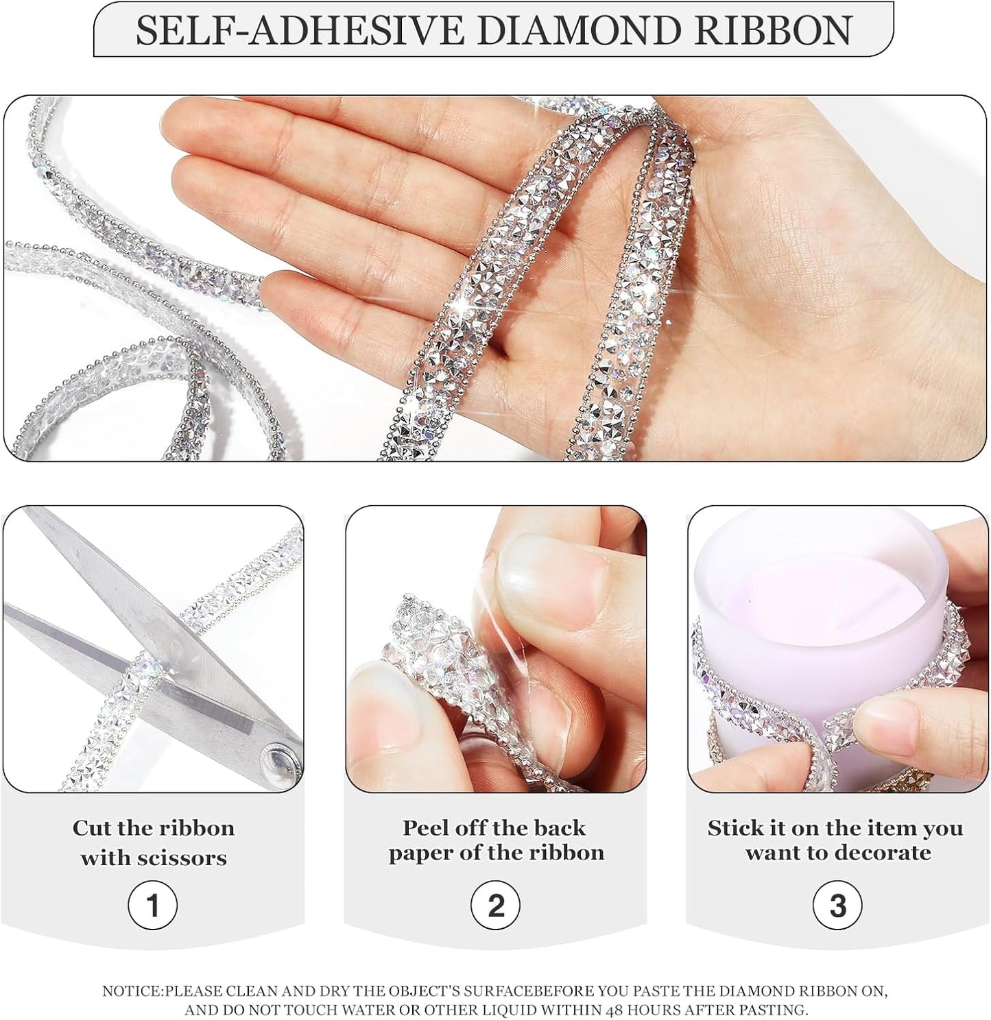 Rhinestone Ribbon 3 Yards Self Adhesive Rhinestone Strips Diamond Ribbon Sticker Crystal Roll Glitter Bling Rhinestones Tape for Crafting DIY Art Decoration (Silver AB,0.4 Inch)