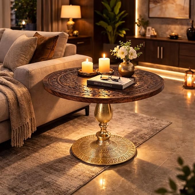 Coffee Table 24x24x18 Inch-Hand-Carved Solid Wood Center Table, Vintage Burnt - Image 8