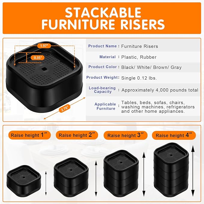 shouwuhho 32 Pack Furniture Risers Adjustable Bed Risers Heavy Duty Lifts - Image 2