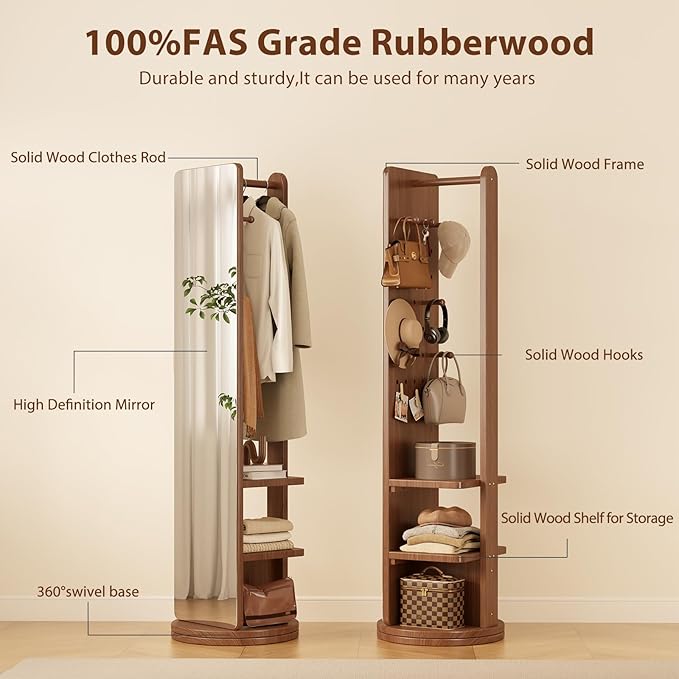 WoodsWhisper Full Length Mirror Coat Rack Solid Wood Floor Mirror 66"x12" Full - Image 3