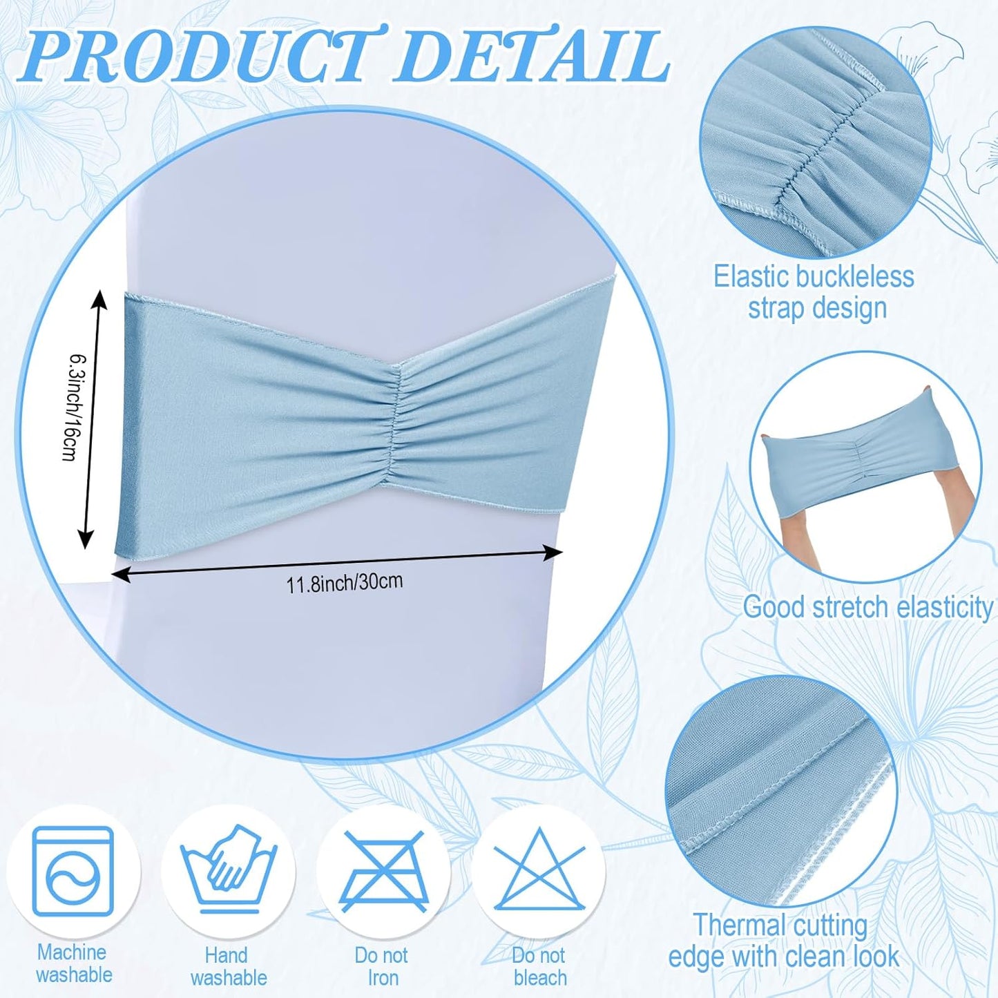 Moukeren 100 Pcs Spandex Chair Sashes Bows Bands Slider Sashes for Chair Covers Elastic Bands Ties Ribbon Decorations for Wedding Party Events Ceremony Birthday Banquet(Sky Blue)