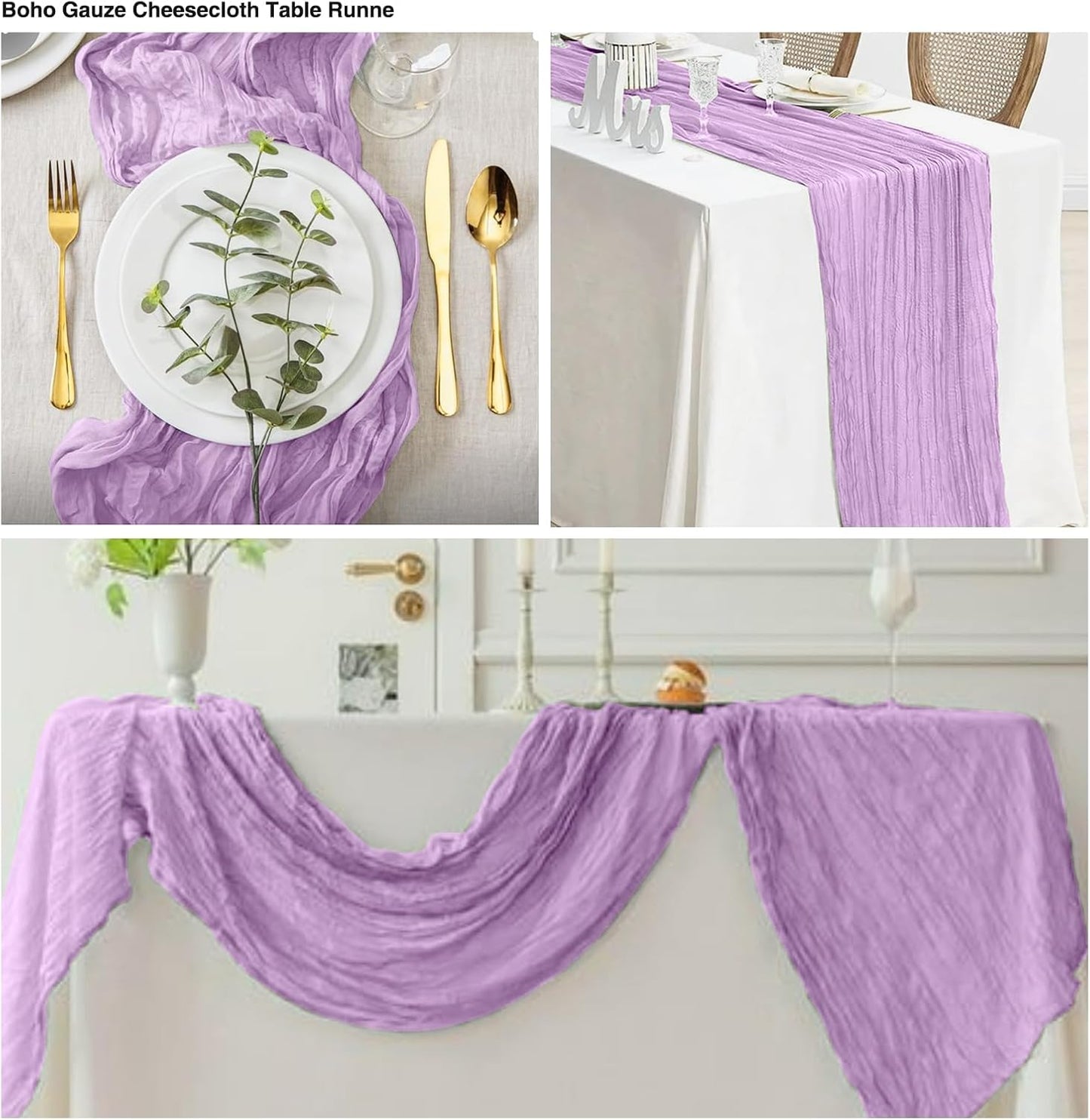 6 Pack Lavender Cheesecloth Table Runner 21x120 Inch Boho Wrinkled Sheer Romantic Gauze Decor for Wedding, Bridal Shower, Birthday Party