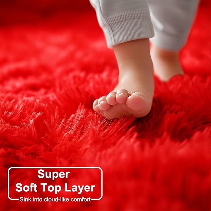 Red Small Round Rug 3Ft for Boys Bedroom, Fluffy Shag Circle Area Rugs for Kids - Image 3