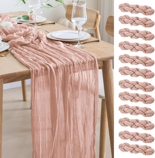 Asee'm 12pcs Cheesecloth Table Runner 120 Inches Dusty Pink Boho Gauze Cheese Cloth Runner 10FT Rustic Sheer Table Runners for Summer Wedding Baby Shower Holiday Party Decoration