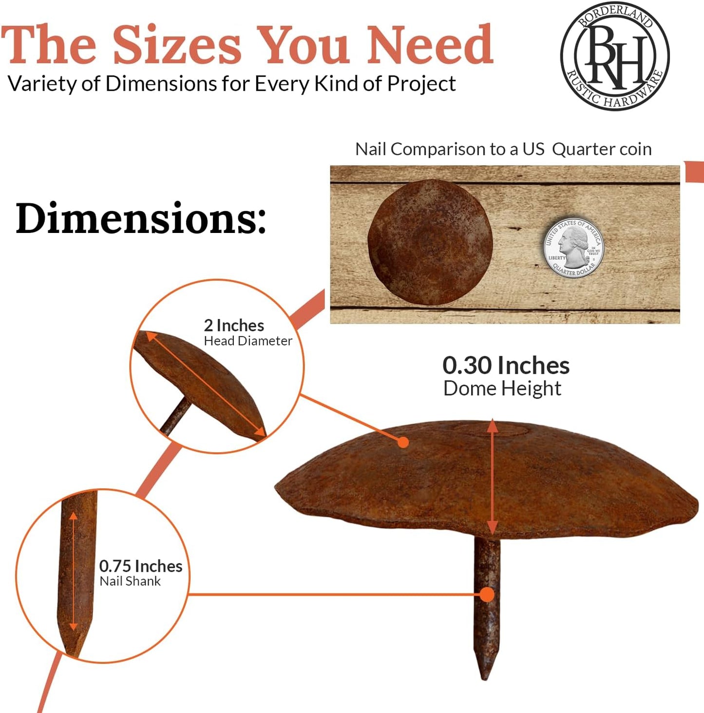 50 Pack 2" Round Head Iron Clavos Decorative Nails – Rusted – Handmade Rustic Round Fasteners for Farmhouse Shutters, Faux Wood Beams, Barn Doors, Shutters, Gates – Ornamental Wood Accent