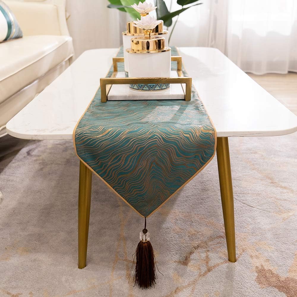 Avigers 12 x 90 Inch Decorative Luxury Abstract Striped Green Teal Table Runners with Tassels for Home Living Room Bedroom Art Decor Wedding