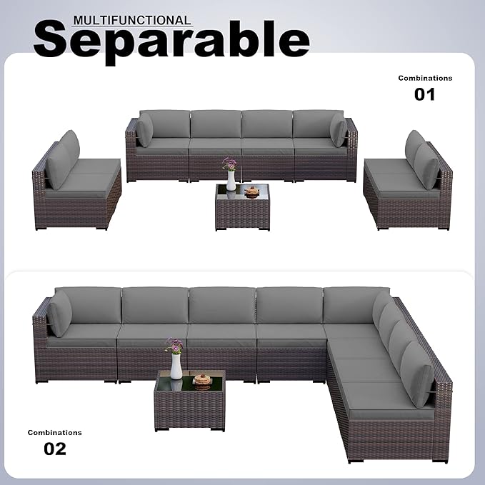 Kullavik 9 Pieces Outdoor Patio Furniture Set, Outdoor Sectional Rattan Sofa - Image 5