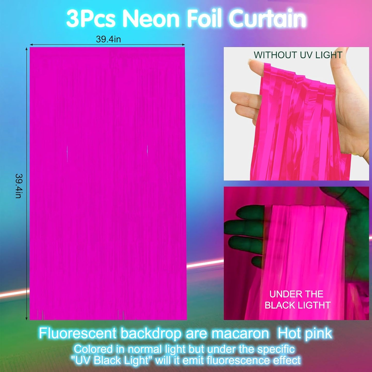 3 Pack 3.3Ft x 6.6Ft Hot Pink Glow in The Dark Foil Fringe Curtain Backdrop Party Supplies, Fluorescent Macaron Metallic Tinsel Foil Streamers Curtain Photo Booth for Neon Birthday Party Decorations