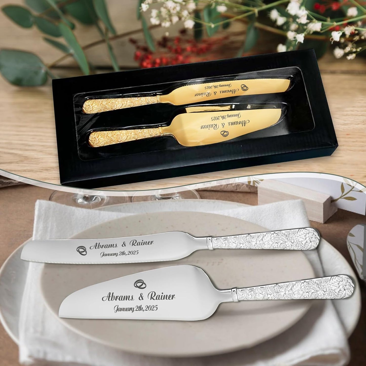 HJX Personalized Wedding Cake Knife and Server Set - Custom Name Engraved Cutting Set with Elegant Gift Box, Ideal for Bridal Wedding Anniversary Birthday Gifts (Embossed handle)