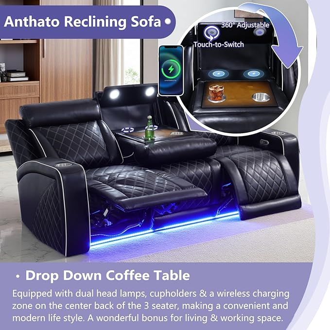 Power Recliner Sofa Couch, Living Room Furniture Sets, Breathing Leather - Image 3