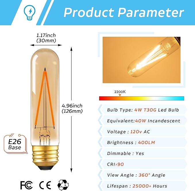 Dimmable E26 T30 T10 LED Bulb Long Tube Light Bulb 4W, Type T Tubular Light - Image 4