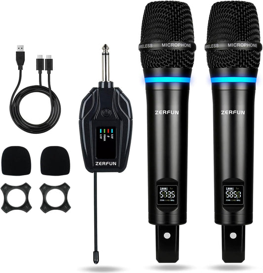 2 Channel Rechargeable Wireless Microphone System, Pro UHF Metal Handheld Wireless Microphones Cordless Mics with Mini Receiver, Channel Control for Karaoke Singing Church