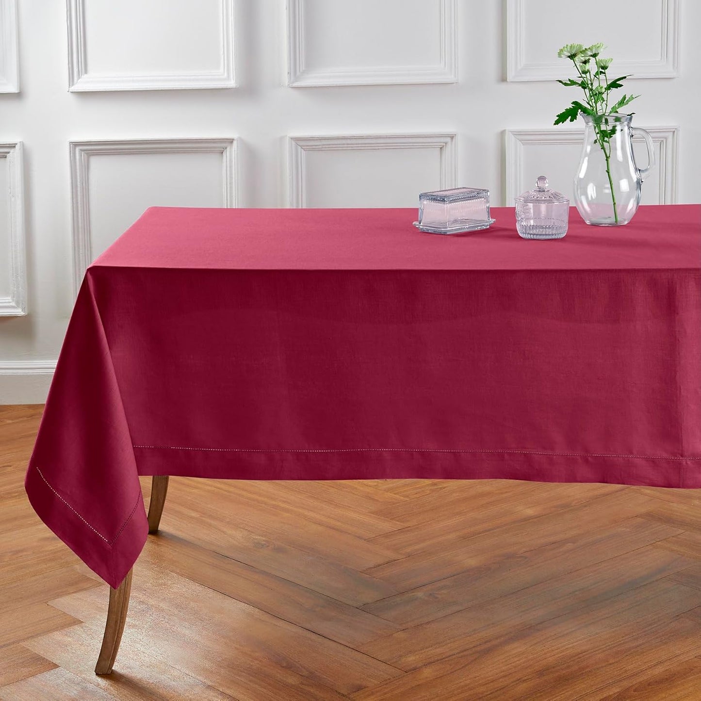 Solino Home Linen Tablecloth 52 x 52 Inch - 100% Pure Linen Beet Square Tablecloth - Classic Hemstitch, Machine Washable Table Throw for Fall, Autumn, Thanksgiving, Holiday