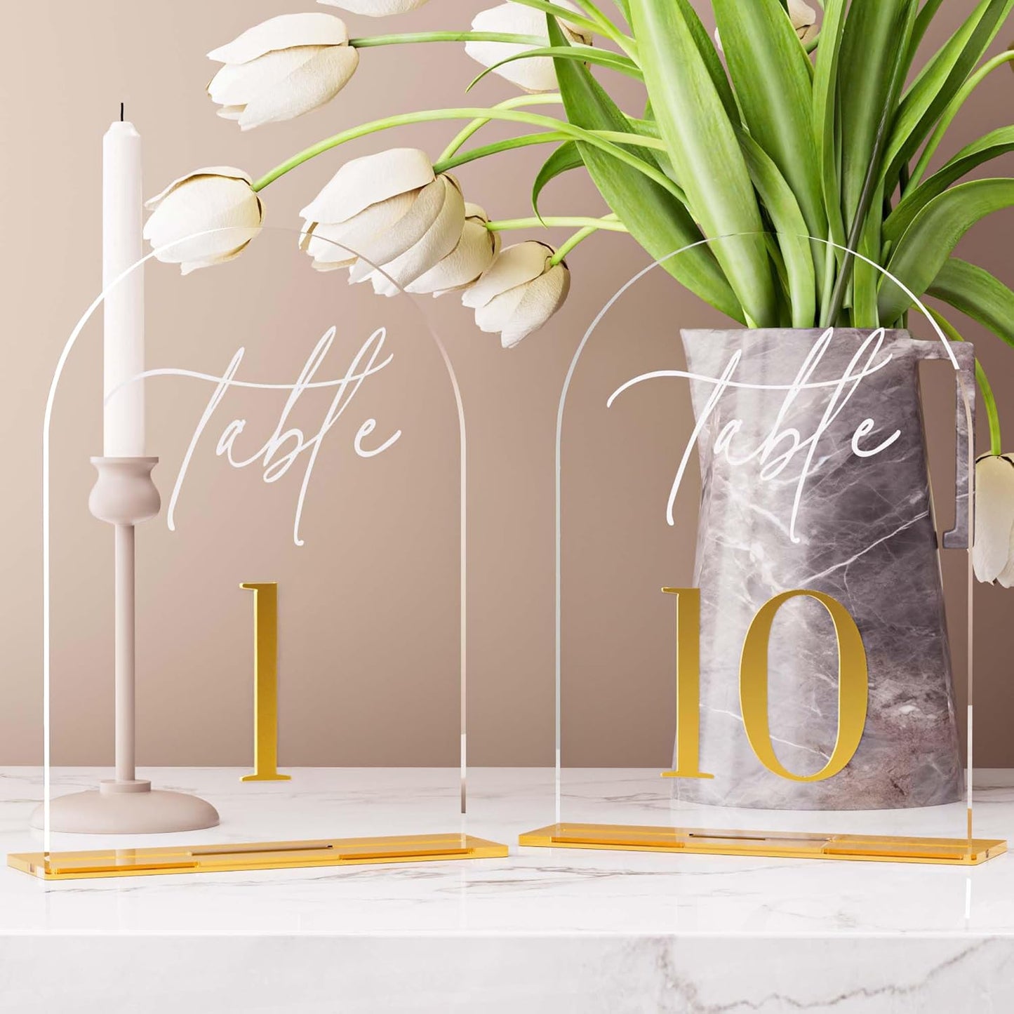 Arch Wedding Table Numbers 1-10 w/Stand, Gold 3D Table Numbers for Reception - 5.5" X 7" Elegant Acrylic Arch Sign with Holder, Perfect for Wedding, Anniversary, Banquet, and Event Decor