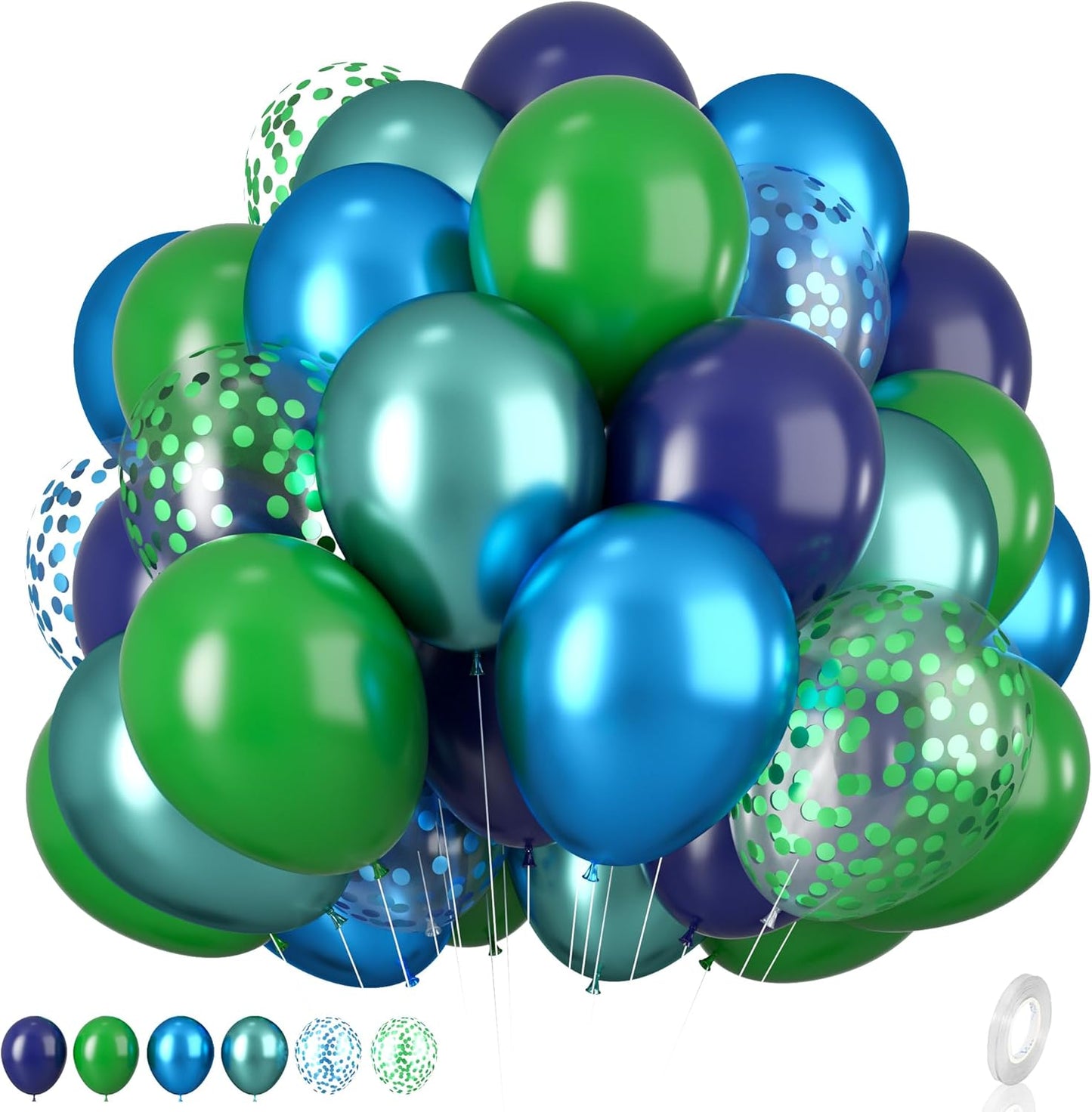Blue and Green Balloon Set, 12 Inch Navy Blue Dark Green Balloons Metallic Chrome Ballons, Confetti Green Blue Balloons for Jungle Safari Theme Boys Birthday Party Decorations