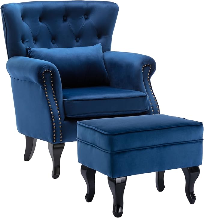 Mid-Century Accent Chair with Ottoman Modern Button Tufted Armchair Wingback by DMFurniture