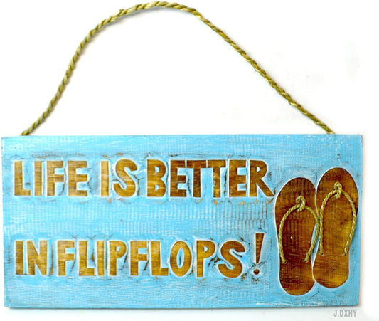 Rustic Wooden Signs Hand Carved FLIP FLOP "LIFE IS BETTER IN FLIP FLOPS" SIGN beach Surfboard Wooden Wall Hanging Art Tiki Bar Sign Wall Art Decor Kitchen Cafe Pub Decor Gift 6x12 INCH