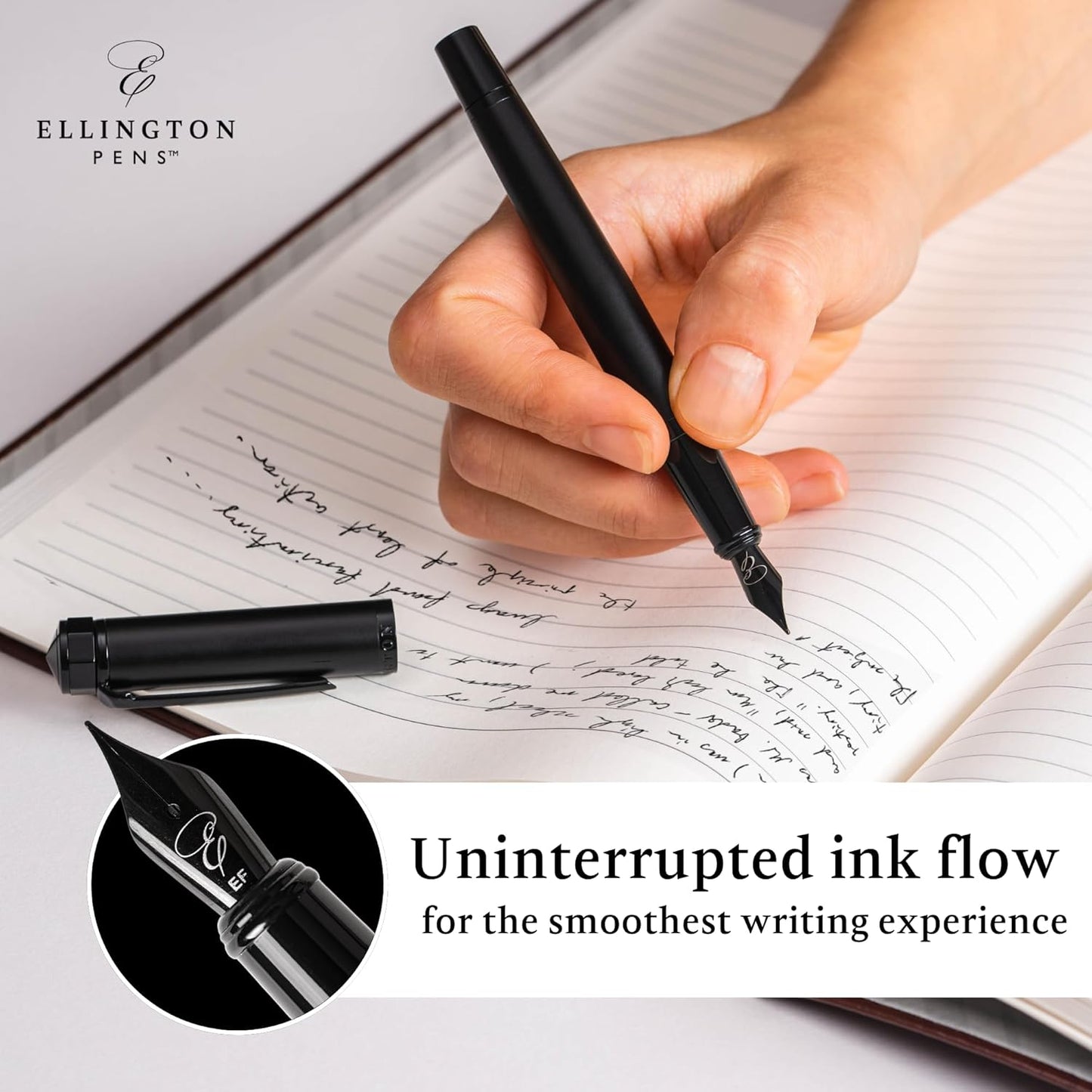 Ellington Pen Luxury Fountain Pen Set - Fountain Pens For Writing - Smooth Medium Nib - Includes Refillable Ink Converter, 3 Ink Cartridges, Gift Box - Calligraphy, Journaling, Sketching (The Stealth)