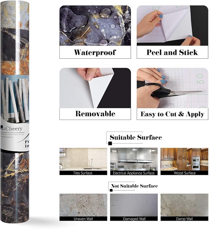 LACHEERY Large Wide 160 x 36 inch Sapphire Look Marble Contact Paper Waterproof - Image 7