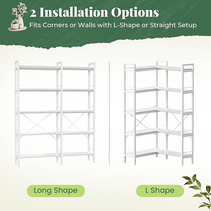 Huuger 5 Tier Bookshelf, L Shaped Corner Bookshelf - Image 7