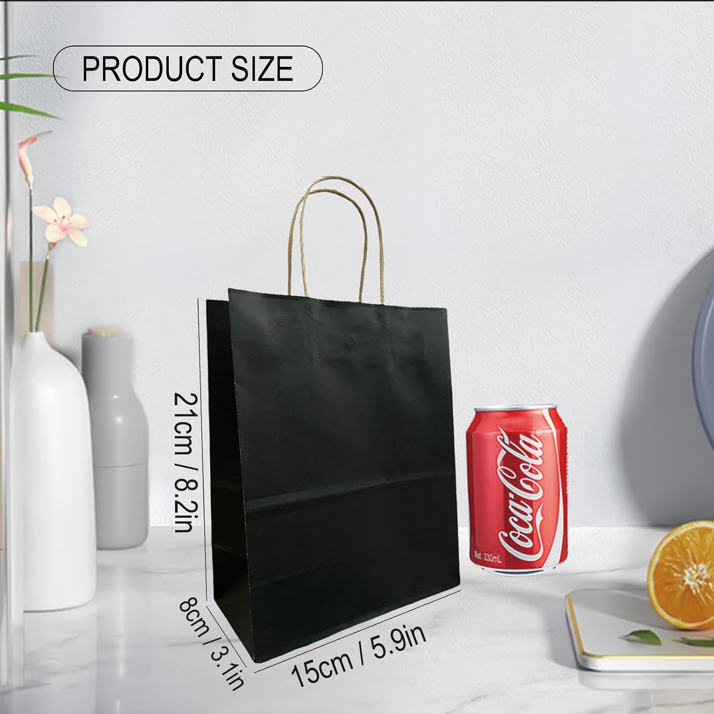 BAG BOX 25 Pack Small 5.9x3.1x8.25 Inch Black Kraft Paper Gift Bags with Handles for Bulk Shopping, Retail, Craft, Party Favors, Wedding, Grocery & Sacks