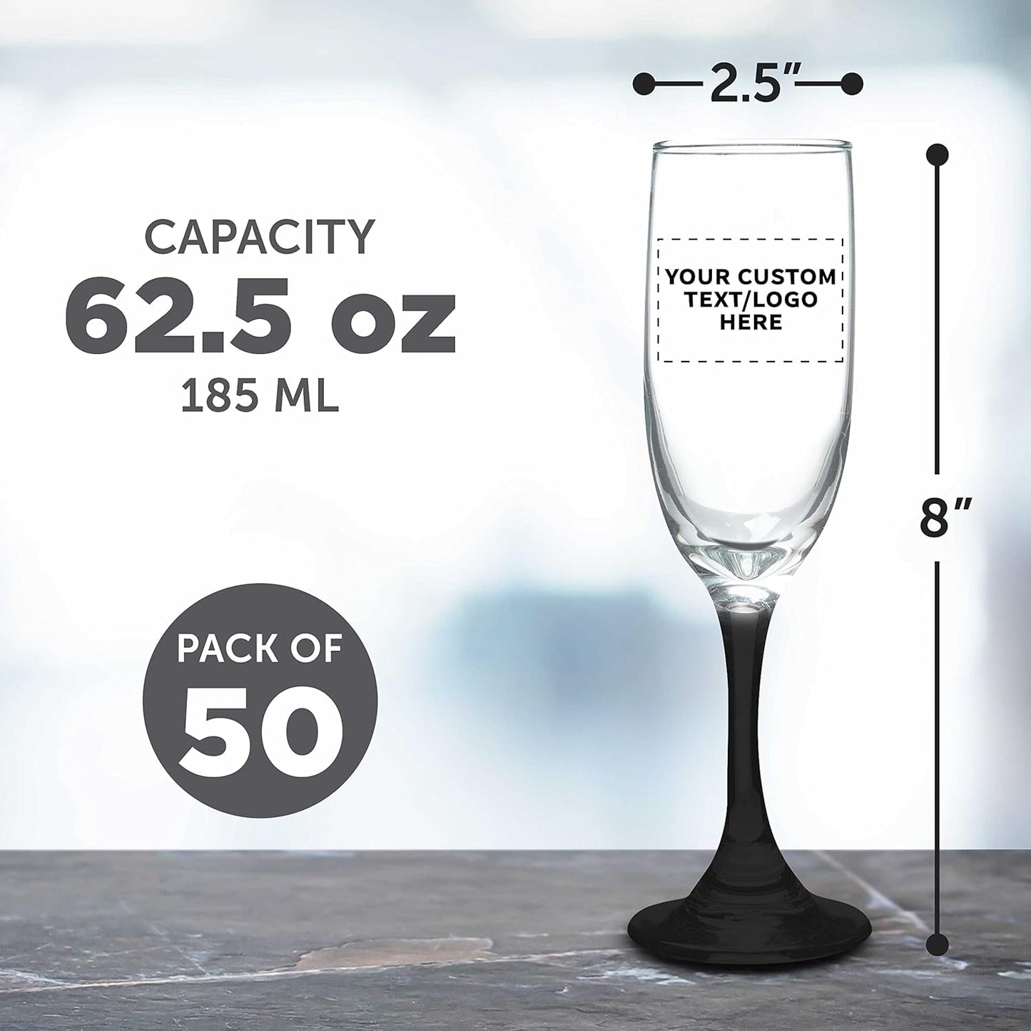 DISCOUNT PROMOS Custom Premiere Champagne Flutes 6.25 oz. Set of 50, Personalized Bulk Pack - Elegant Drinkware for Weddings, Events, & Promotional Gifts - Black