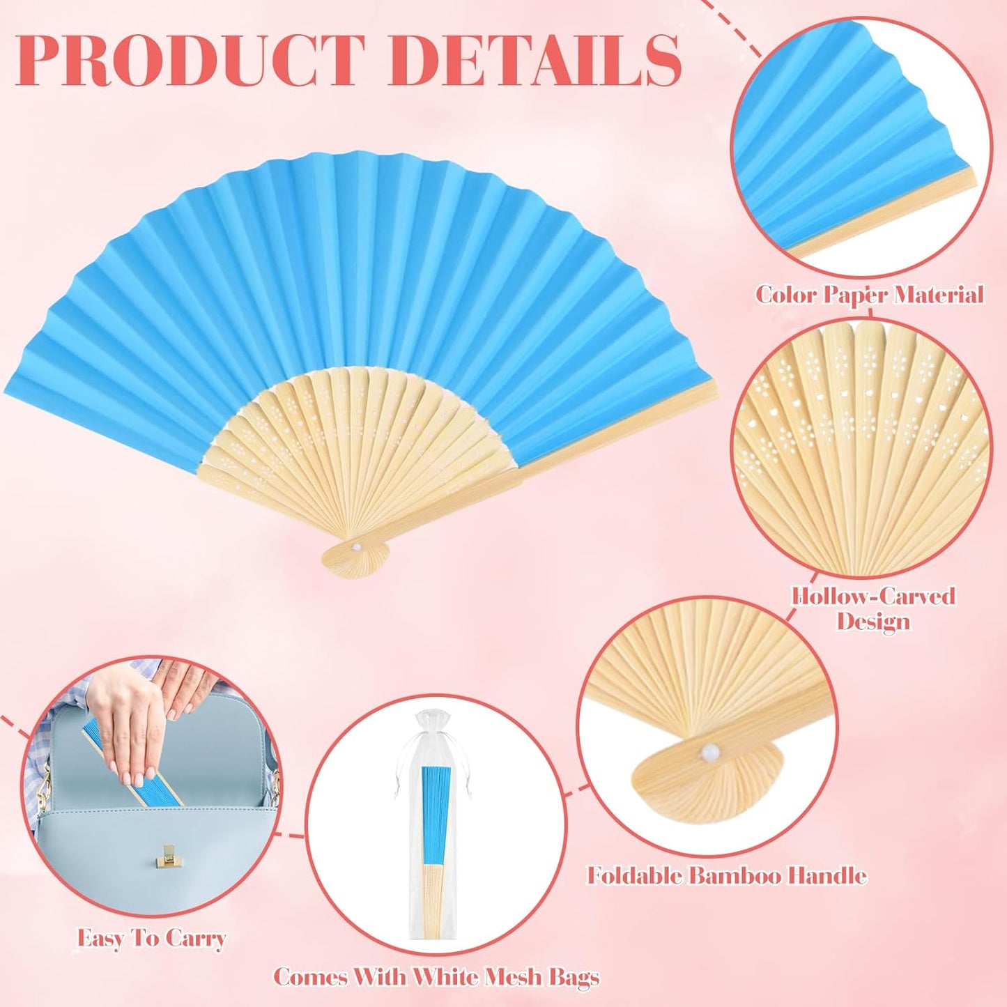 6 Pieces Blue Hand Held Bamboo Folding Fans Foldable Paper Fans Handheld for Women Girls Wedding DIY Decoration Church Home Party Favors Summer