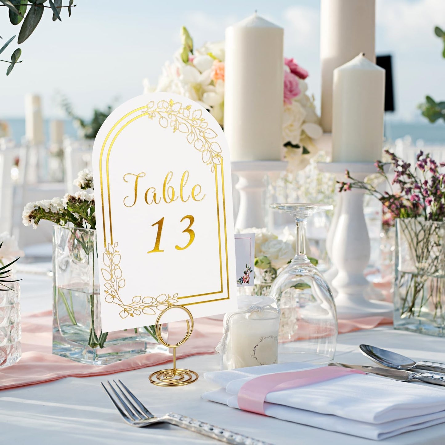 Wedding Table Numbers 1-30, 30 White Gold TableNumber Cards with 30 Gold Number Holders, 1 Set of 30 Table Numbers for Wedding Reception(Card and Holder)