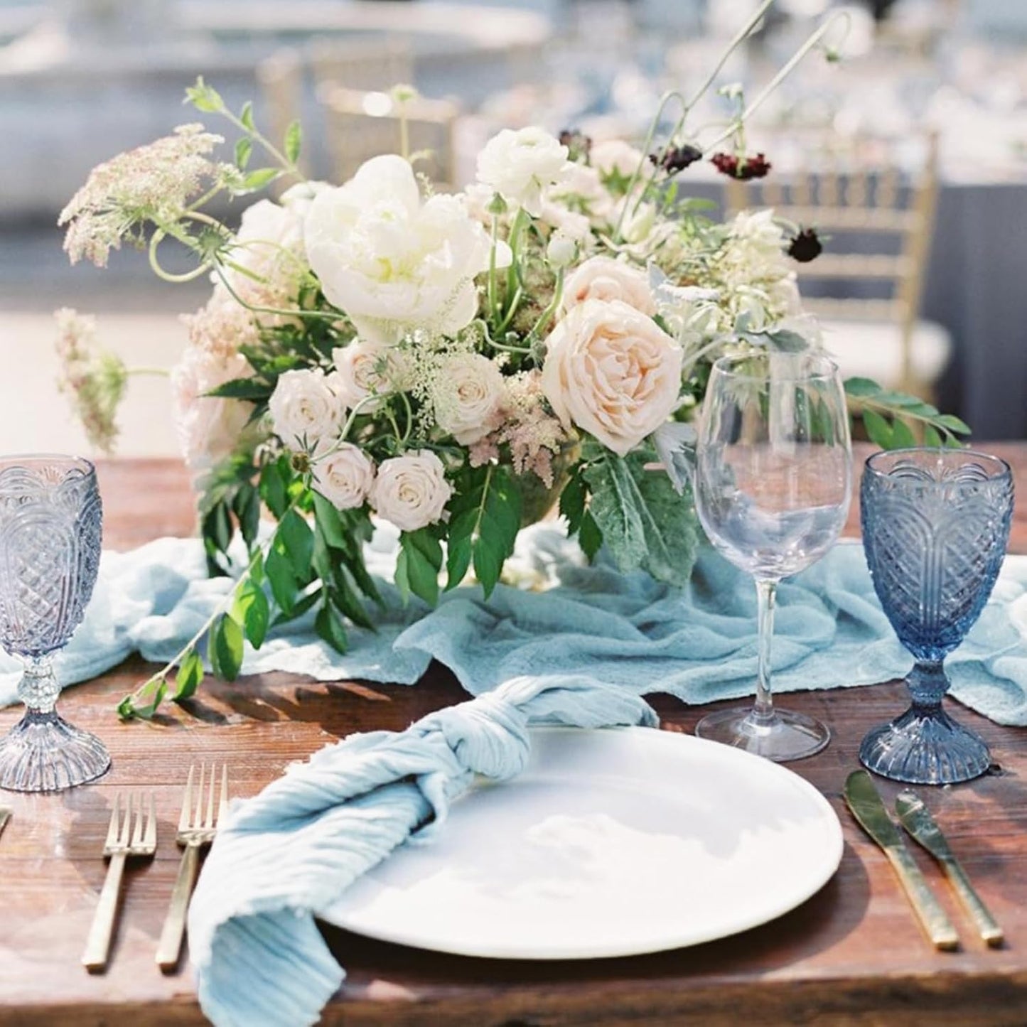 Hahuho Dusty Blue Cheesecloth Table Runner 10ft, Gauze Boho Rustic Table Runners for Wedding Birthday Party Baby Shower Decorations（6 Pack , 35x120 Inches）