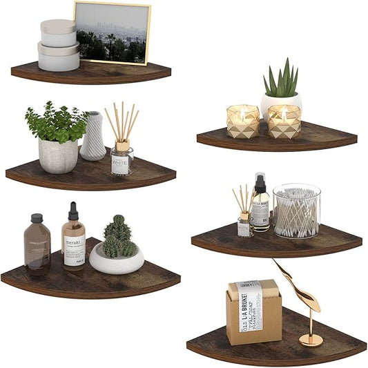 HORLIMER 6 Pack Wall Mount Floating Corner Shelf, Rustic Wood Corner Wall by HORLIMER