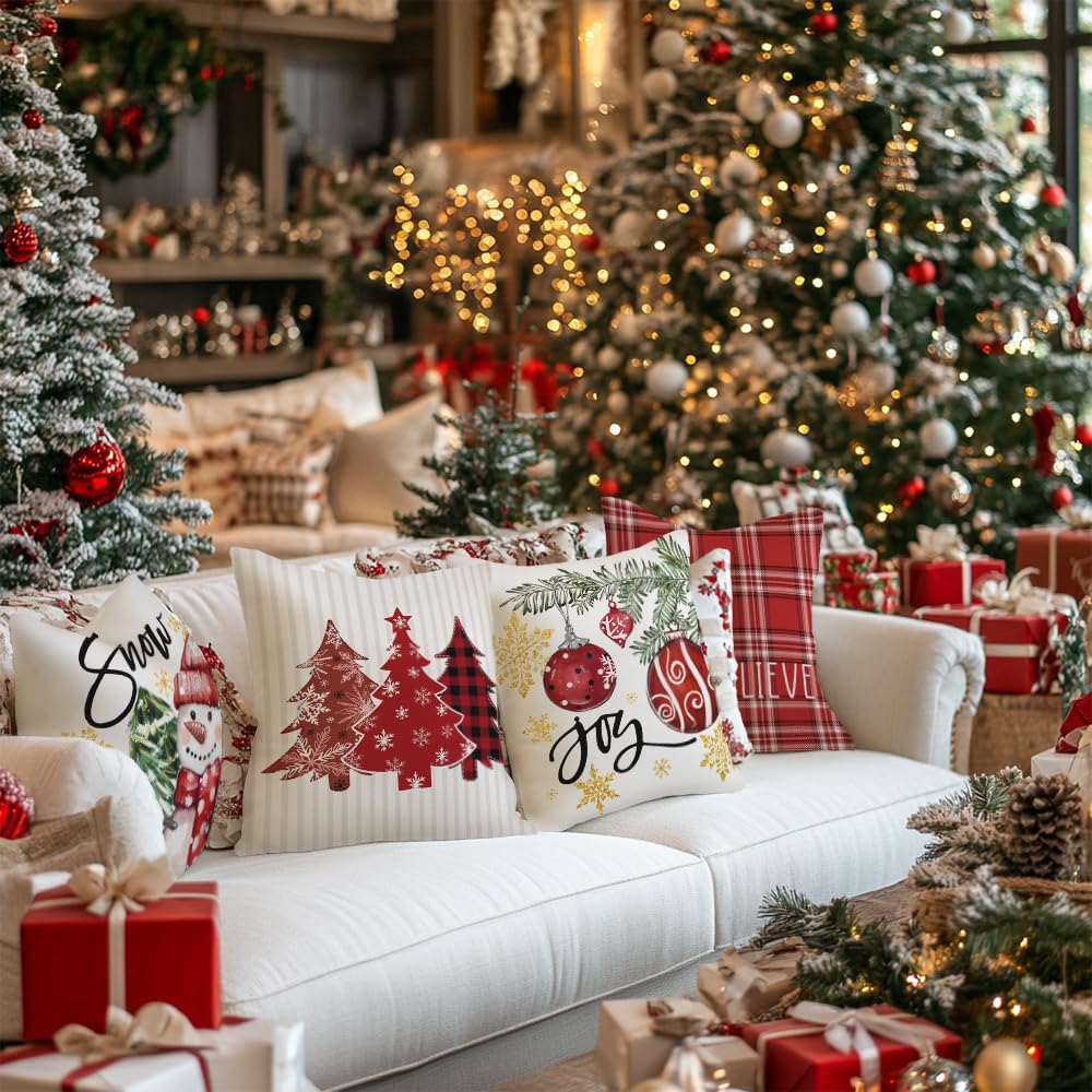 GEEORY Winter Christmas Throw Pillow Covers 20 x 20 Inch Set of 4, Xmas Trees Snowflake Snowman Joy Holiday Farmhouse Decorative Cushion Cases for Home Decoration G583-20