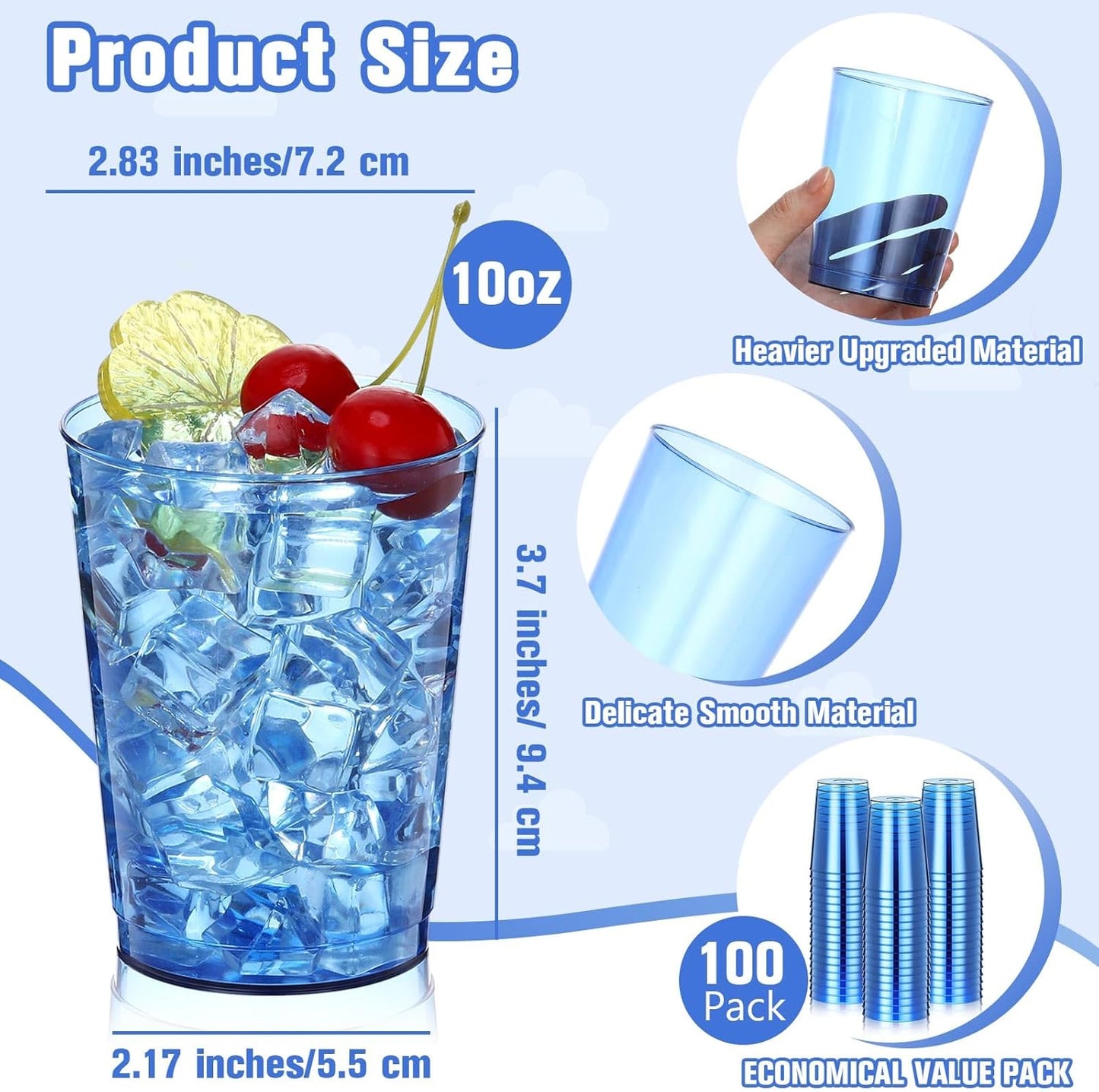 Minatee 100 Count Plastic Cups Disposable Fancy Cups Heavy Duty Wine Cocktail Glasses for Halloween Wedding Christmas Birthday Party Supplies Plastic Drinking Tumblers(Blue,10 oz)