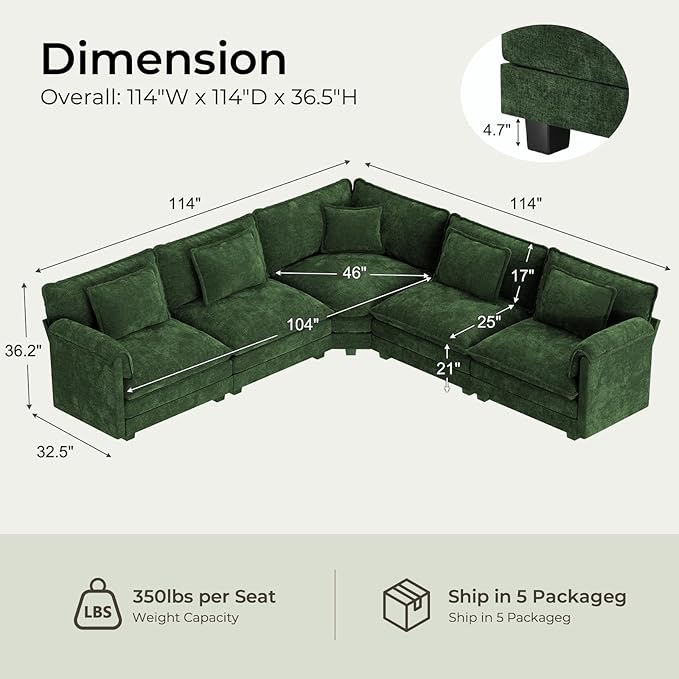 ELUCHANG 114" Oversized V-Shaped Cloud Couch Modular Sectional Sofa - Image 2