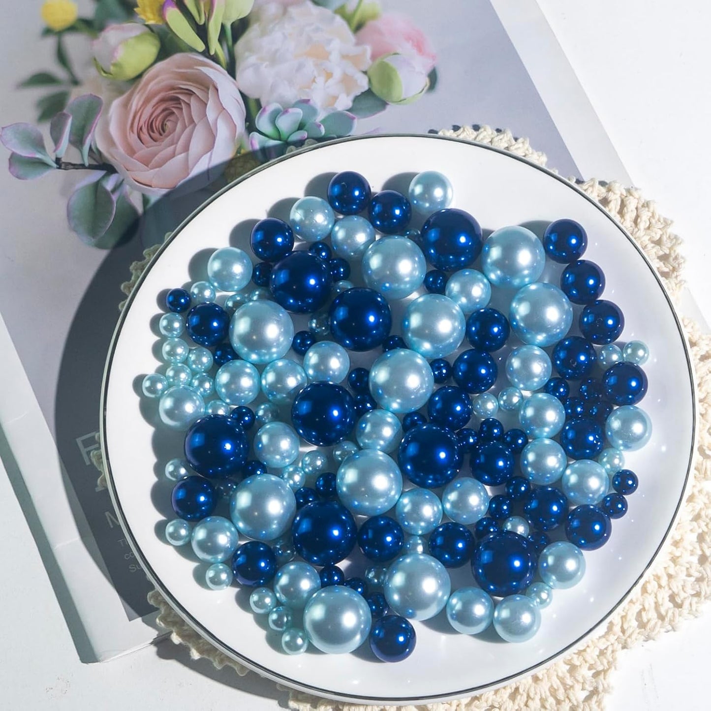 300Pcs Navy & Light Blue Polished No Hole Faux Pearl Beads for Vase Filling Decorations, Plastic Pearls Vase Fillers, Table Scatters, Wedding Centerpiece, Home Decor, 8/14/20 mm