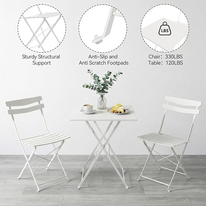 GarveeLife 3 Piece Patio Bistro Set, Folding Patio Bistro Table and Chairs Set - Image 6