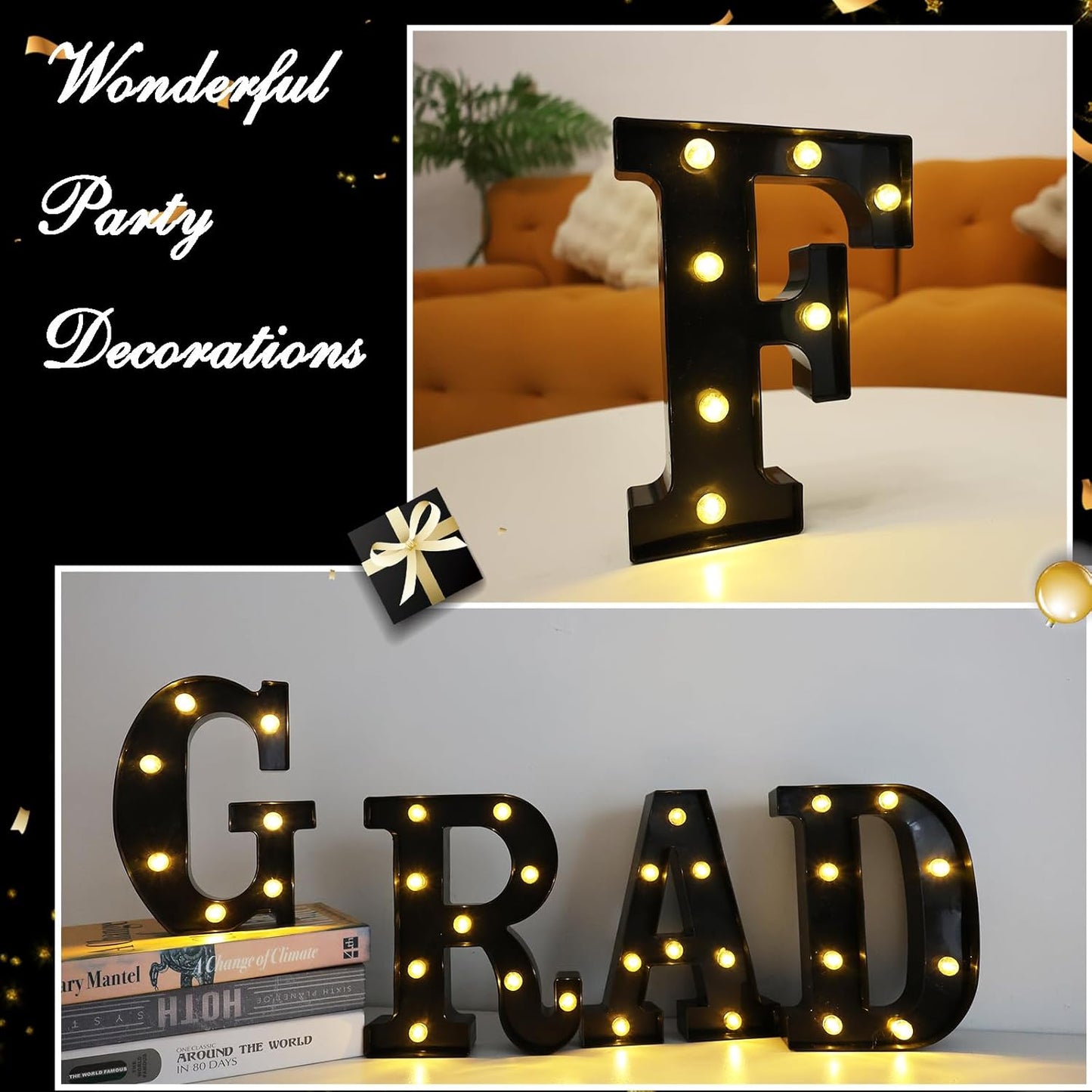 Led Marquee Letters, 8.58 Inch Black Light Up Letters, Small Led Letter Lights, Battery Powered Lighted Letterfor Table, Party, Birthday, Christmas Decor (Black, Letter F)