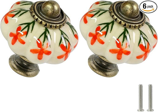 Ivory & Orange Pumpkin Knobs 6 Pack Ceramic Cabinet Knobs Vintage Drawer Pulls by Zernmiarder