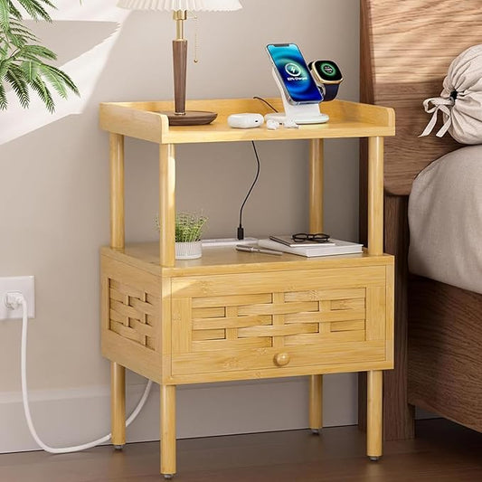 Amazer Nightstand with Charging Station, Bedside Table Bamboo with USB Ports & by Amazer