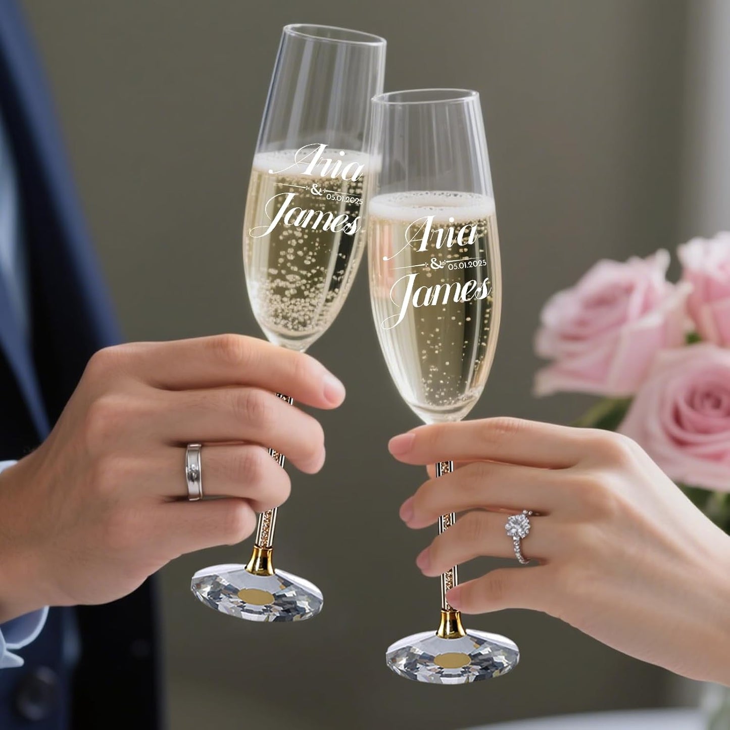 HJX Personalized Wedding Cake Knife and Server Set with Champagne Flutes, Custom Name Text Toasting Glasses for Bride and Groom, Cake Cutting Set Ideal Wedding Engagement Bridal Shower Gift